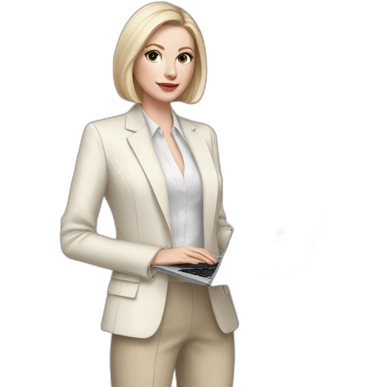 pale skin woman with ash blonde Straightened bob Hair, White Spacious classical jacket, beige palazzo Arrow pants and gray blouse holding a MacBook in the hands emoji