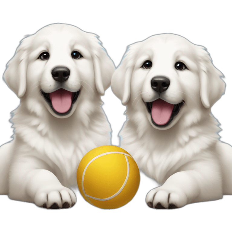 Two Great Pyrenees puppy brothers playing with a ball emoji