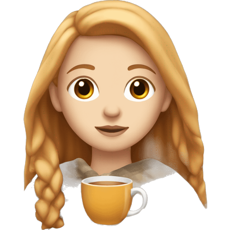 white girl with reddish blonde long hair and brown eyes with blanket wrapped about shoulders and sipping tea emoji