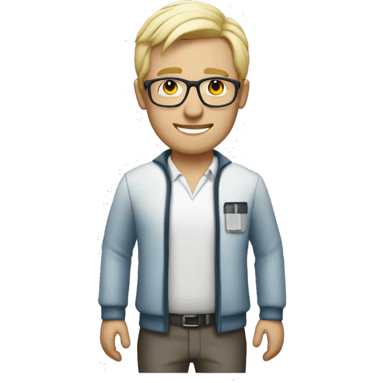 a male pharma employee, full body, dressed with short white jacket. blonde hair with glasses emoji