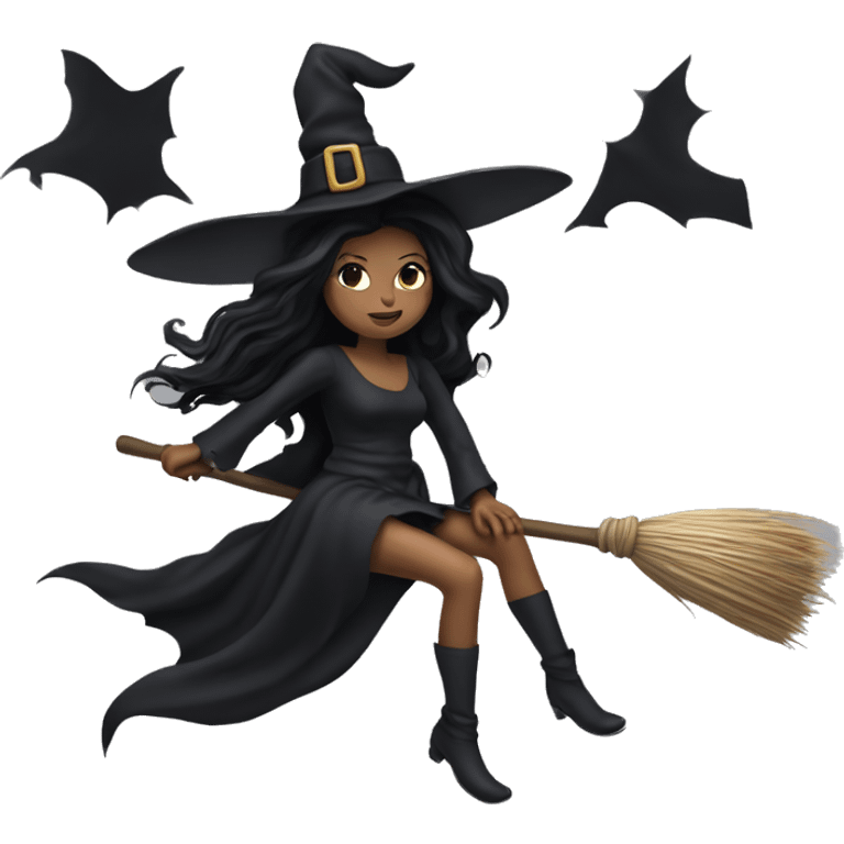 dark long hair witch flying on a broom white skin emoji