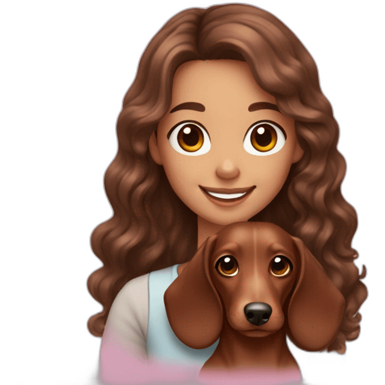 Girl long curly brown hair smiling and brown eyes with long eyelashes and holding a dachshund  in her arms emoji