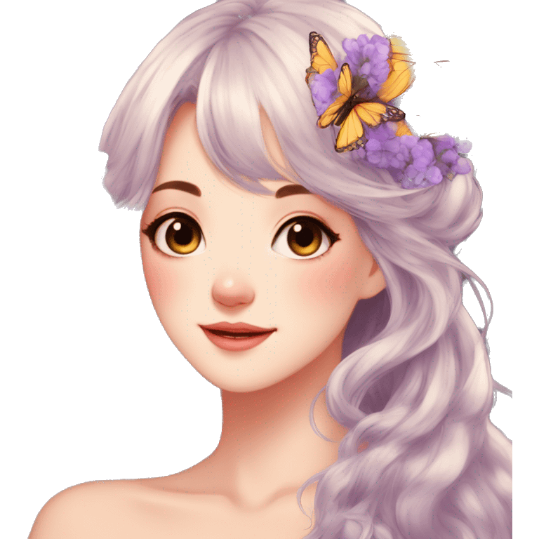 gorgeous anime lady with butterflies and beautiful hair fairycore cottagecore emoji