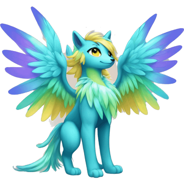 Anthro Sona Cool Cute Colorful Shy Winged Shiny Fakemon-Fantasy-Creature With Long Hair-Mane Full Body emoji