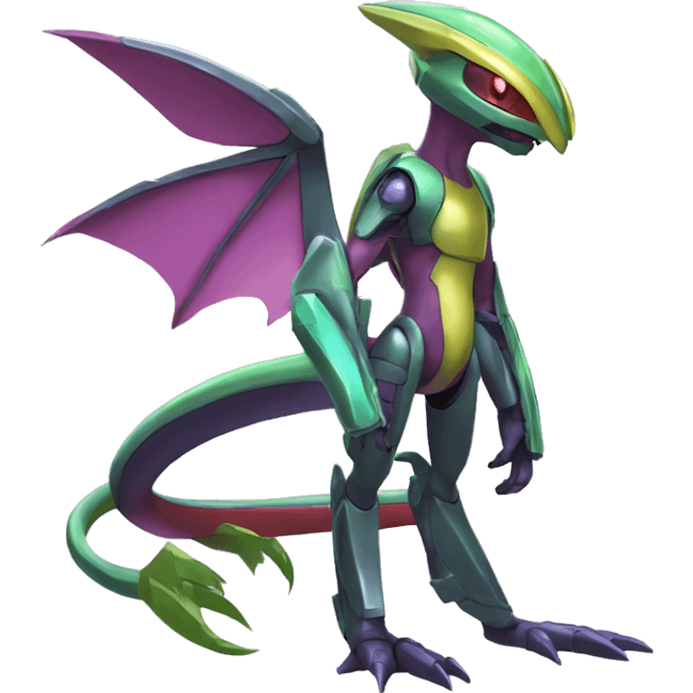 a shiny Genesect-Flygon-Raptor-Fakémon—hybrid with a futuristic visor-helmet full body emoji