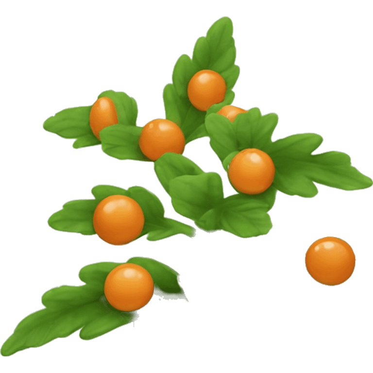 Create an emoji of a plant with a thin, slightly hairy green stem and oval, dark green, serrated leaves in opposite pairs. Add small greenish-yellow star-shaped flowers and round, reddish-orange berries at the leaf axils. emoji