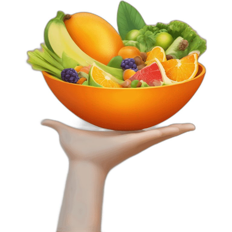 Create an image of a vibrant orange salad bowl filled with exotic fruits and vegetables, topped with a sparkling diamond. Include a hand elegantly holding the bowl from the side. emoji