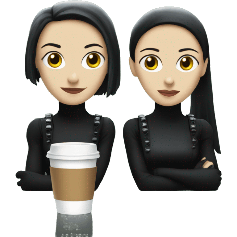 two girls in costumes from the film The Matrix sit with their backs to each other over a cup of coffee and a cigarette emoji