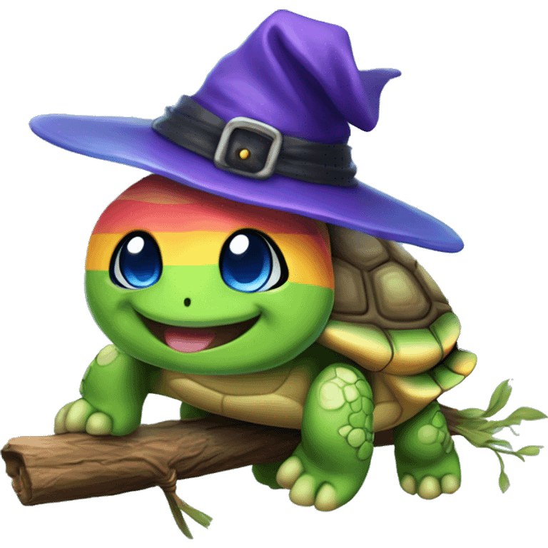 Kawaii rainbow turtle on witches broom emoji