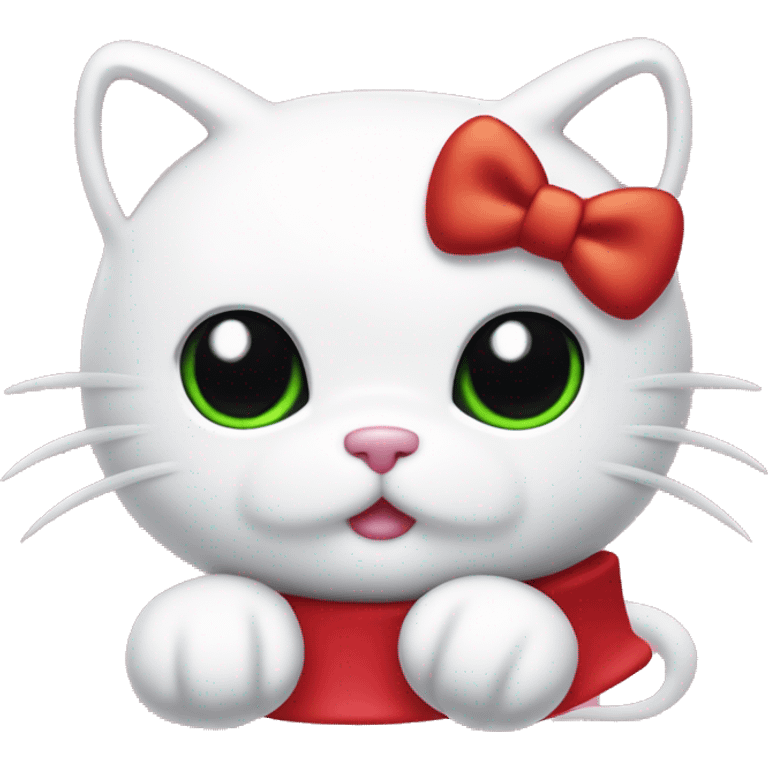 hello kitty sanrio design, white cat with 3 whiskers, black eyes, small yellow nose, no mouth, red bow on the left ear emoji