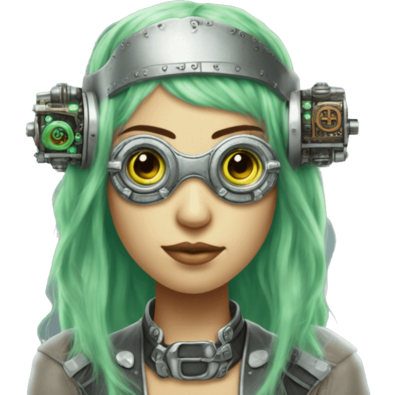 Light green long hair female cyborg head with silver steampunk goggles as a headband, circuits emoji