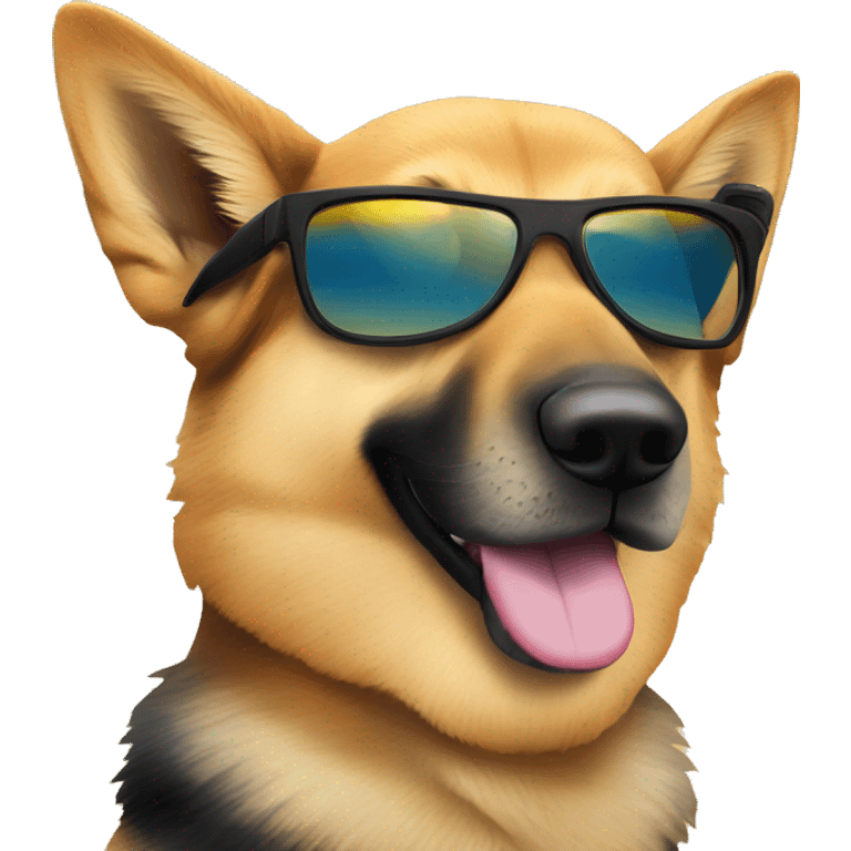 german shepard dog with sunglasses on beach with sunrise emoji