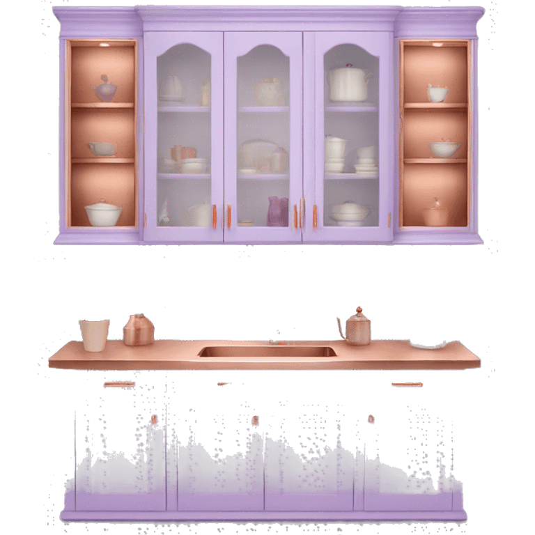 Realistic front facing lavender and rose gold hanging kitchen cabinets  emoji