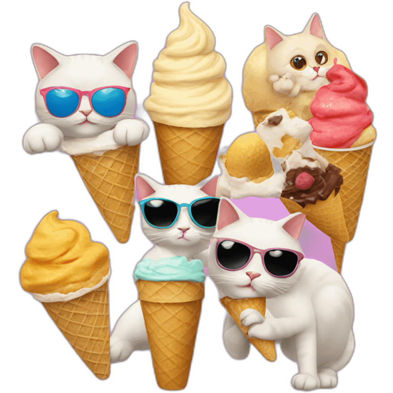 Cat with sunglasses eating ice cream with his best friends  emoji