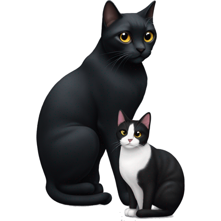 A large black cat sitting next to a smaller black and white cat emoji