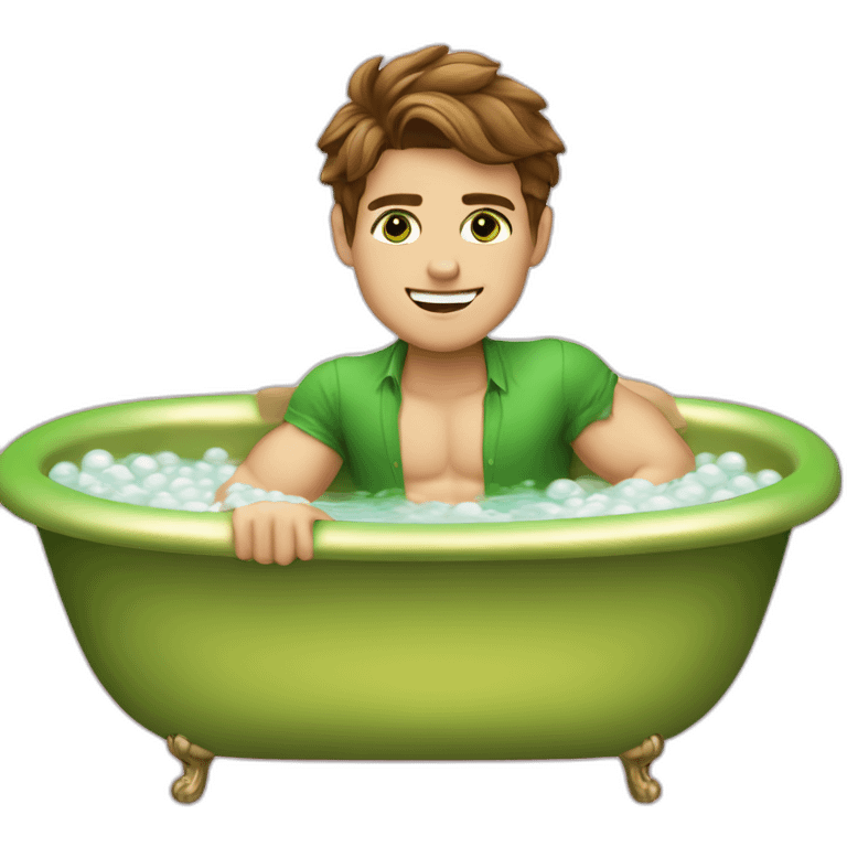 Posh-muscle-boy-brown-hair-green-eyes-pearl-necklace-in-golden-bathtub emoji