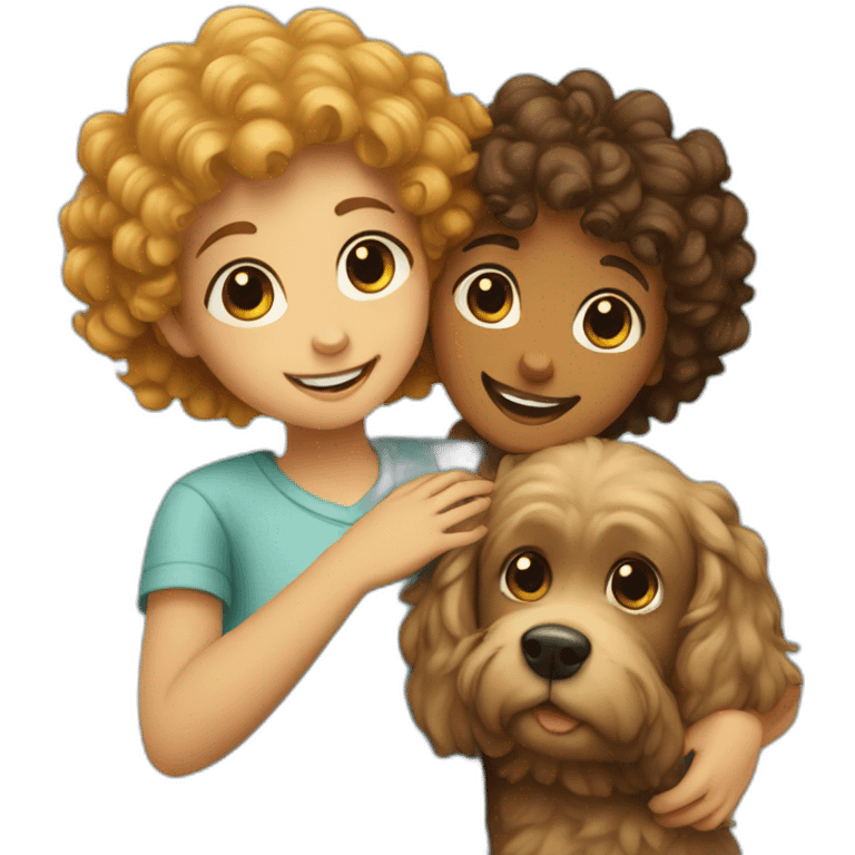 boy and girl hugs a curly dog emoji