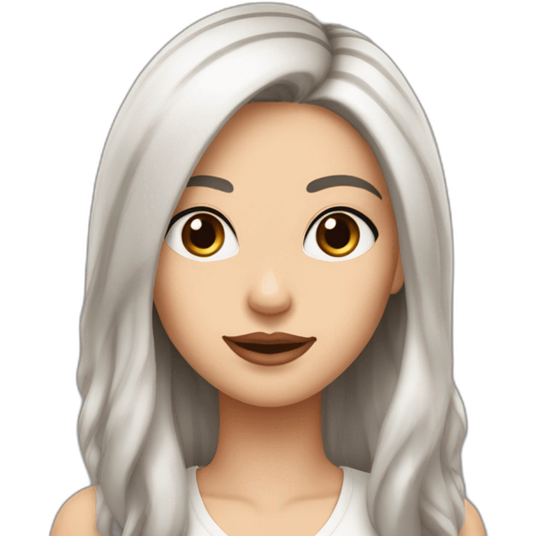 One white women with long dark brown hair and long eyelashes dark brown eyes and thick dark brown eyebrows with one black dog with a white stripe on the neck and ears raised up emoji