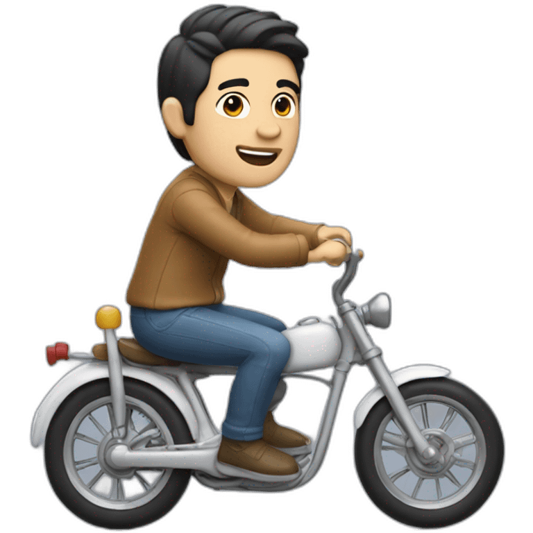 white skin men with short black hair riding a funny and miniature toy bike emoji