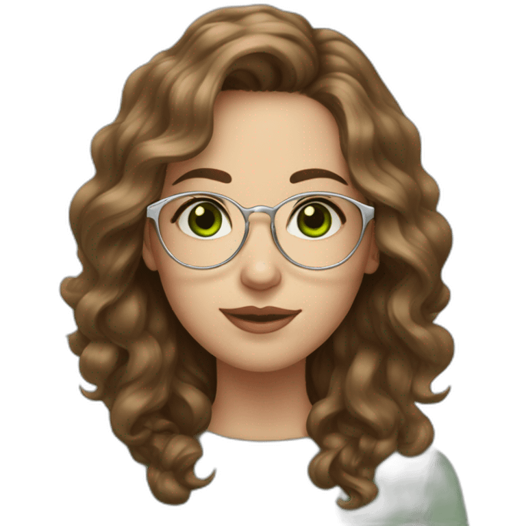 Pale young woman, brown wavy hair, green eyes, big silver sight glasses, big nose. emoji