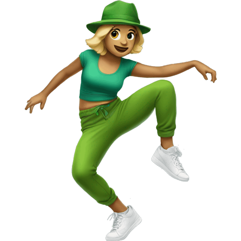 Australian woman breakdancing wearing australian green outfit with green hat emoji