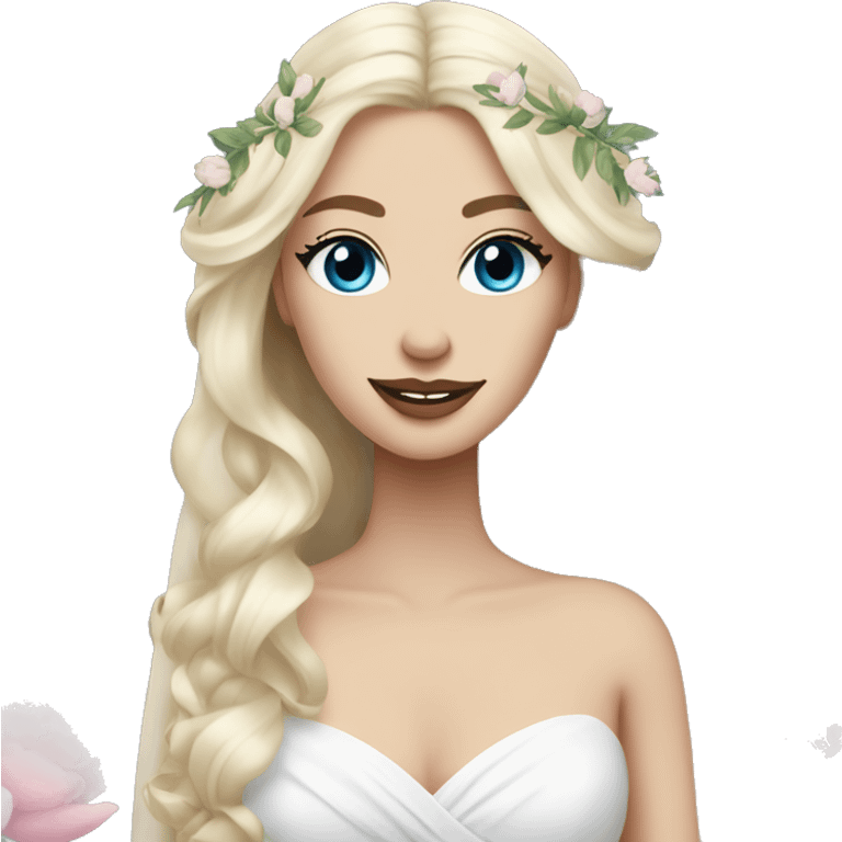 White bride with long light blonde hair and blue eyes with light pink peonies in hair white skin  emoji