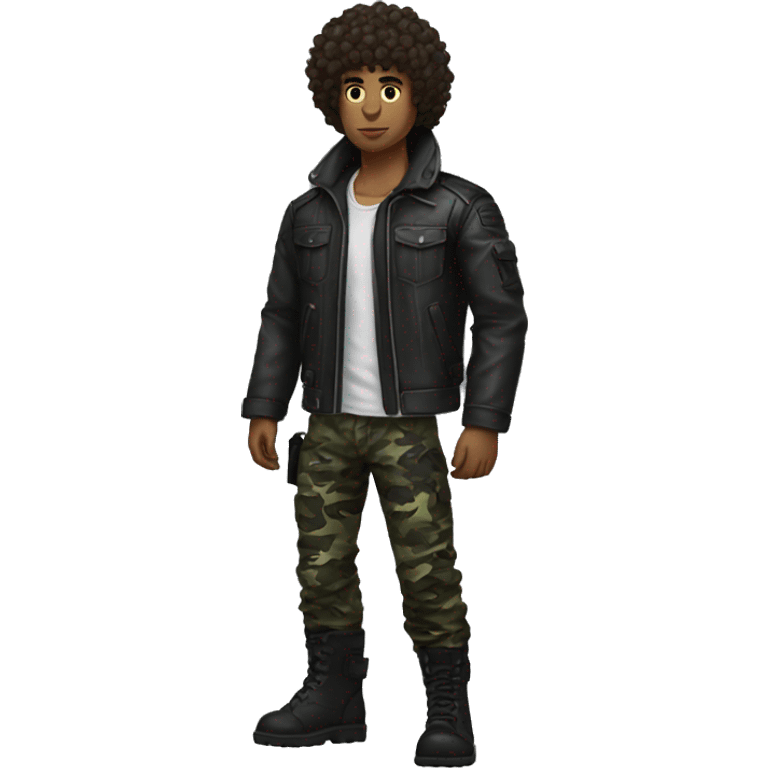 A dark skinned curly haired punk guy with urban camo pants and tactical boots and wearing a Leather jacket emoji