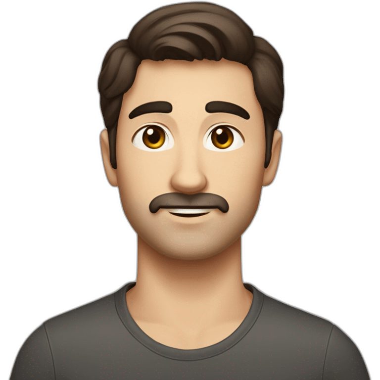 A young Caucasian man with dark brown eyes, almond-shaped eyes, short dark brown hair, and a small dark brown beard with a more prominent mustache. emoji