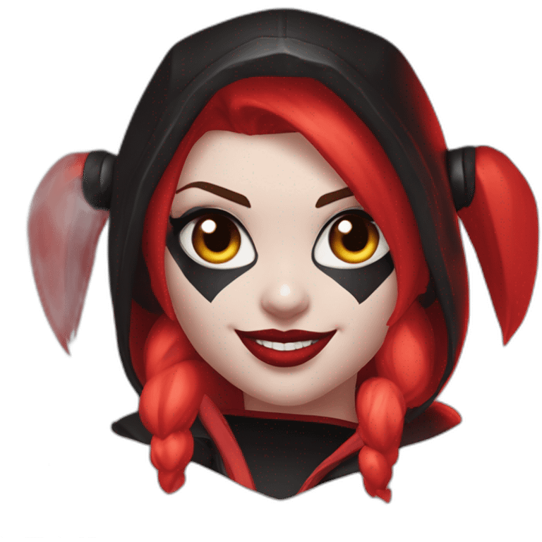 Harley Quinn with this style : Riot Games Valorant black red glowing bright red sparks character red black hooded hero themed character emoji