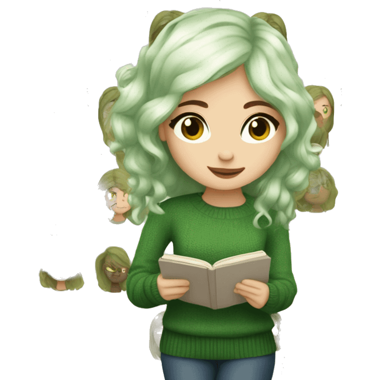 Pretty brown eyed white girl with green hair, with olive green sweater reading cozy emoji