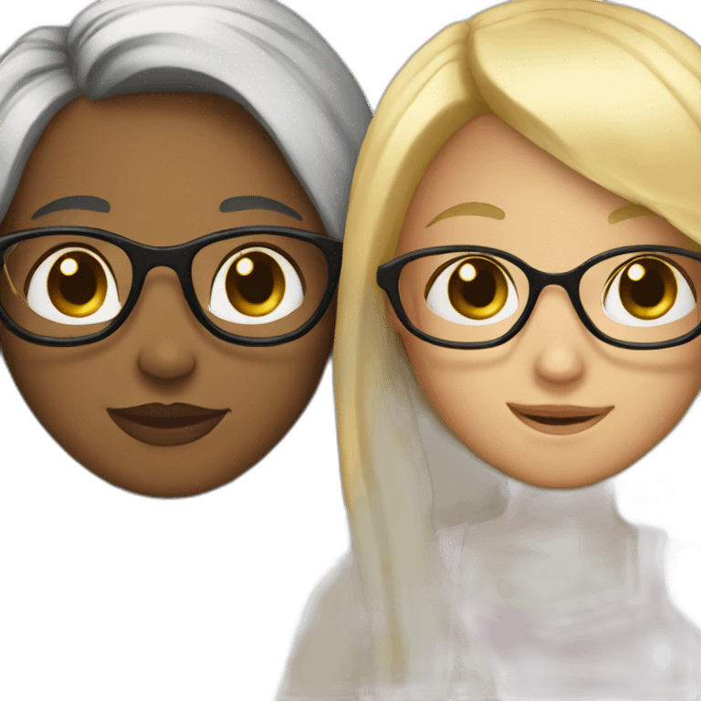 Girl with blonde hair and glasses hugging girl with long black hair and glasses emoji