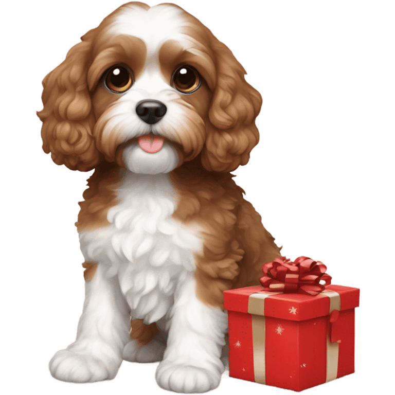 Brown and white cavapoo and new year gift box emoji