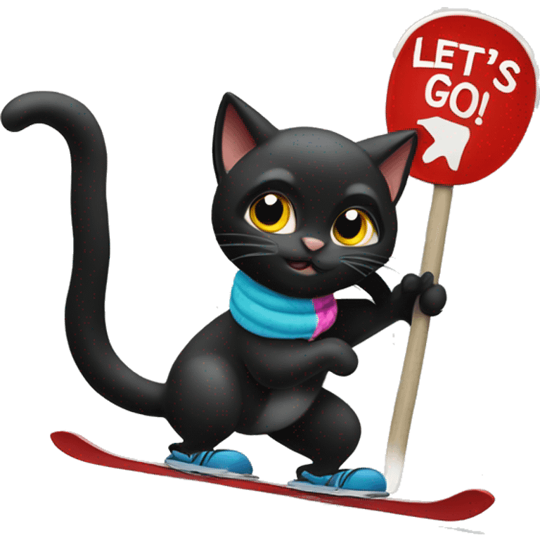 Skiing Black cat holding a sign that says “LETS GO!!”  emoji