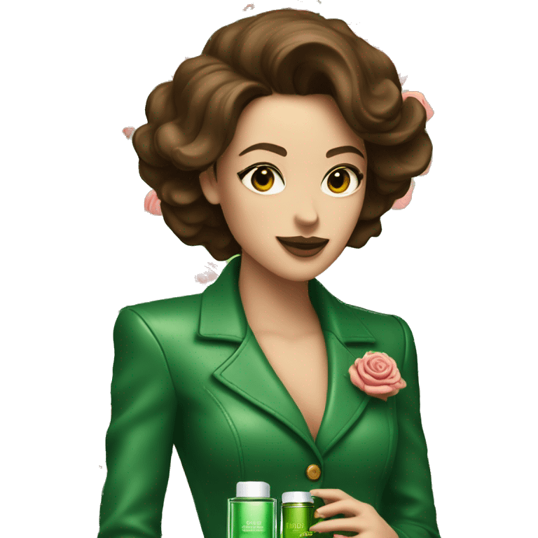 Woman with brown hair in green suit with green leather boots with rose on stomach with blooming rose on sleeve spraying perfume emoji