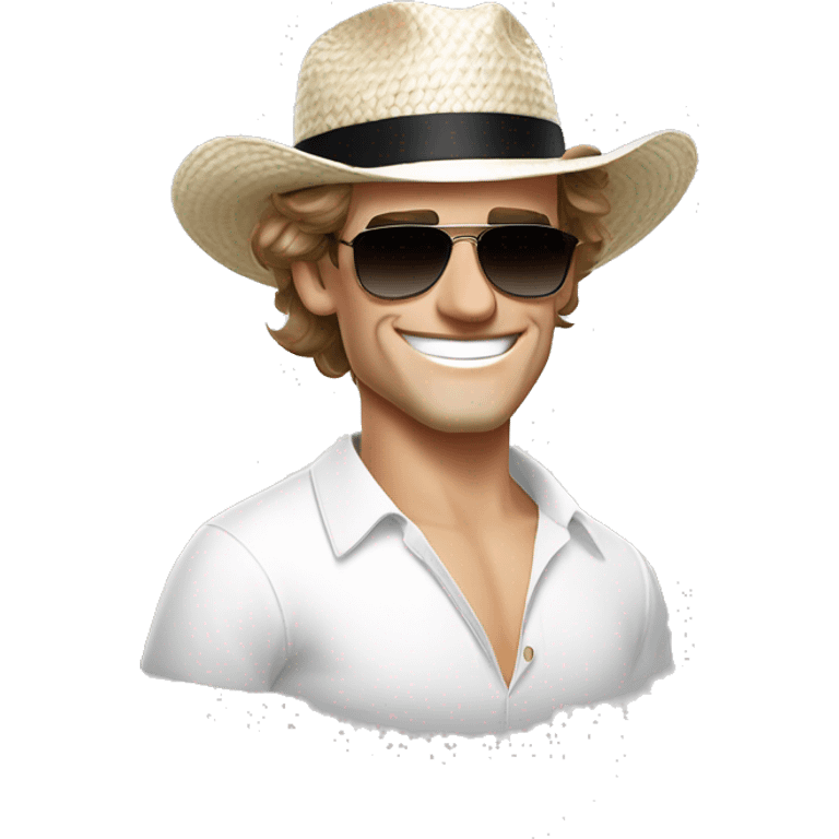 Antoine Griezmann face smiling wearing a white elegant shirt, a staw panama hat and black sunglasses.  emoji