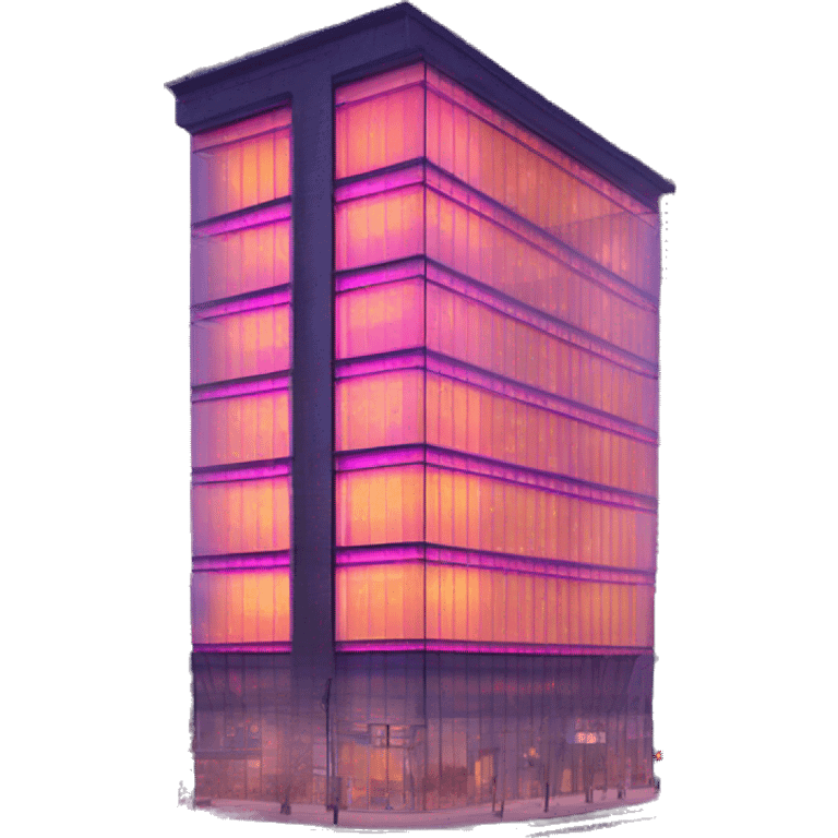 “Modern glass building with neon ‘Trendimizbir’ sign glowing brightly on the top floor. emoji