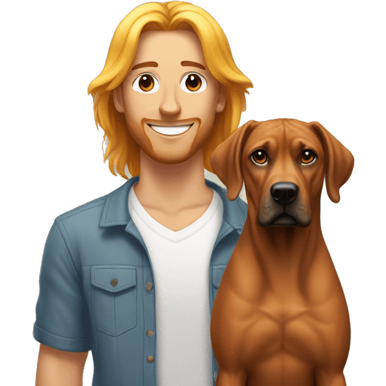 white male with long rainbow colored hair standing alongside a brown rhodesian ridgeback emoji