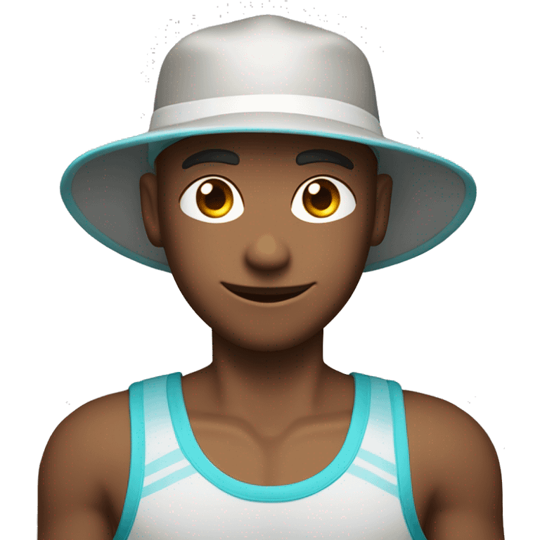 One caucasian headshot glowing with health and wearing a sporty tanktop, suncap and zinc on the nose  emoji