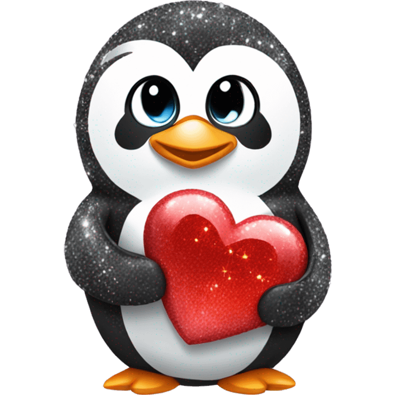 Sparkly penguin holding a heart shaped rock emoji