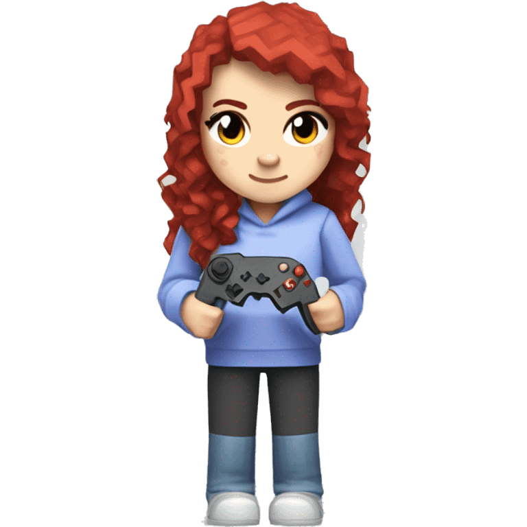 a white minecraft  girl with long red curly hair, wearing periwinkle Minecraft hoodie holding a controller emoji