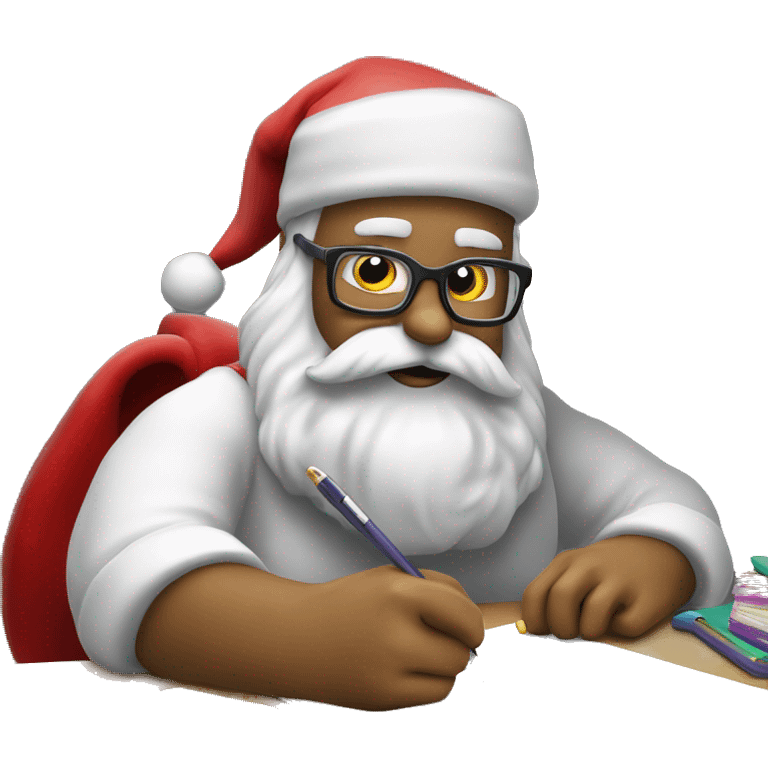 Santa is sitting on a desk, writing something down, solving complicated math puzzles in an exercise book emoji