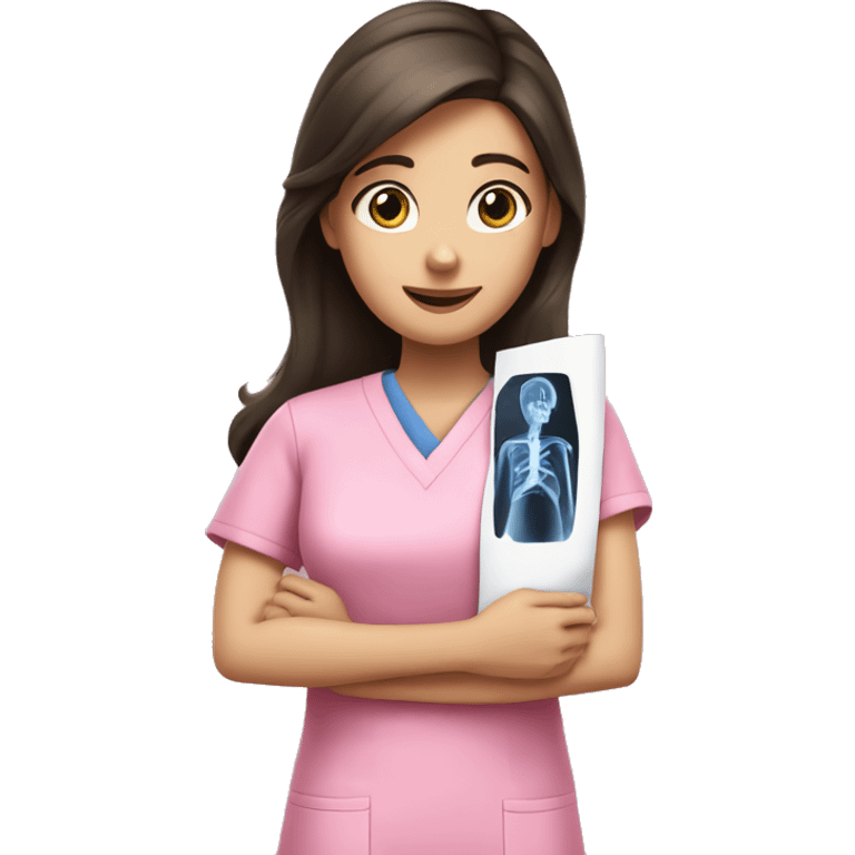 Brunette girl in pink scrubs looking at an arm X-ray  emoji