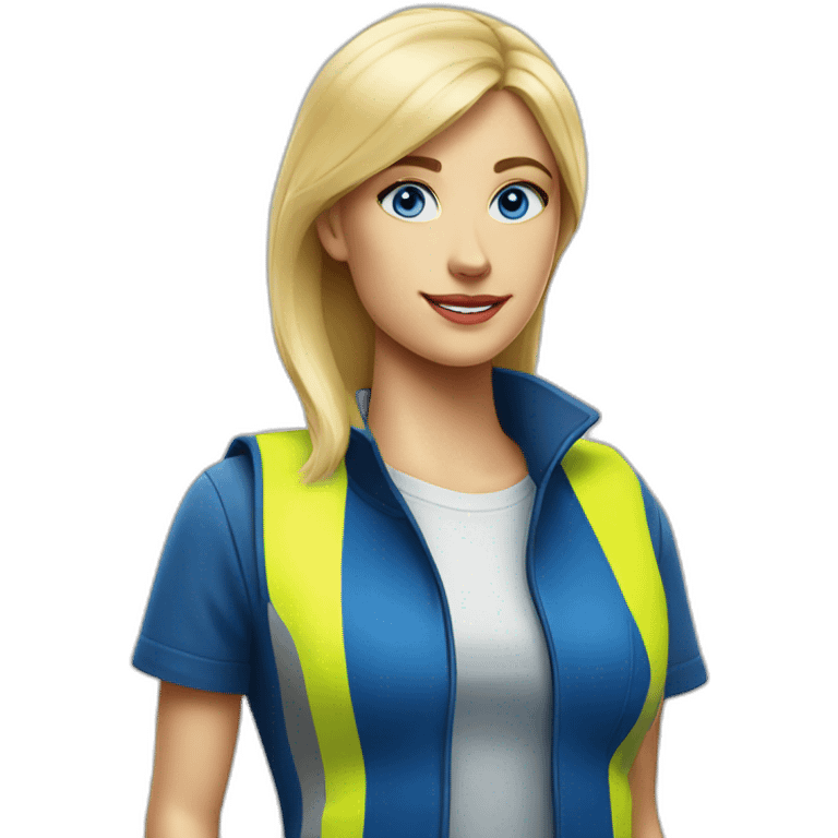 Ikea coworker blue eyes blond woman blue stripes t-shirt and yellow security vest emoji