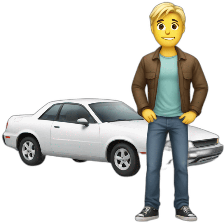 A blond guy stands next to a broken car emoji