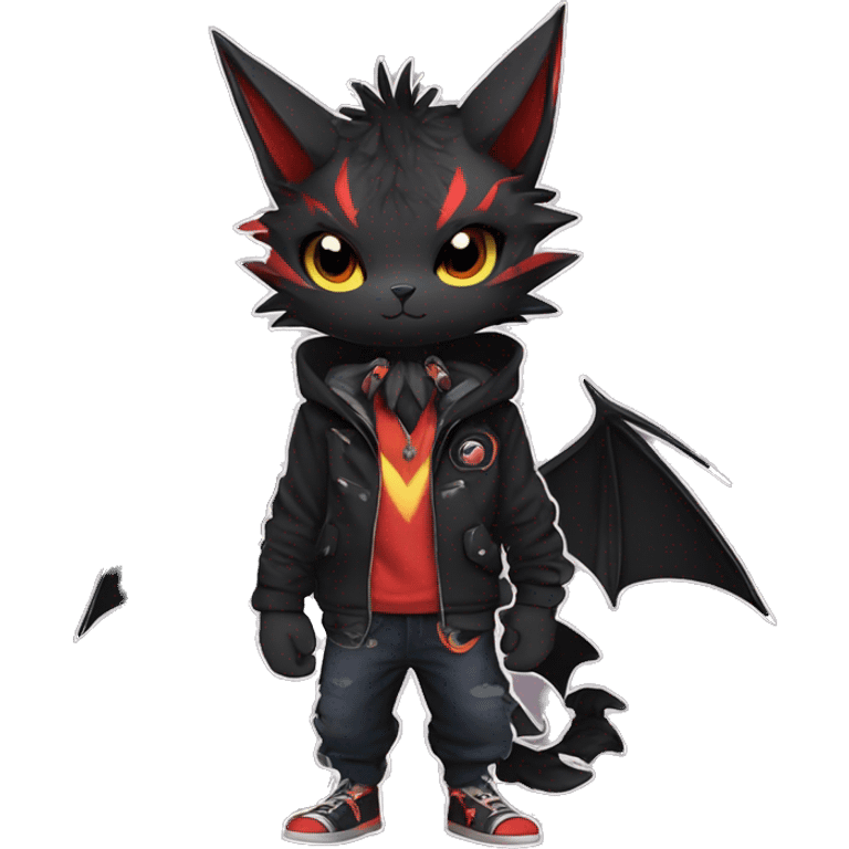 Cool Anthro Black Bat-Nargacuga-Litten-cat-Pokémon with edgy stripes hoodie spiked collar punk Full Body emoji