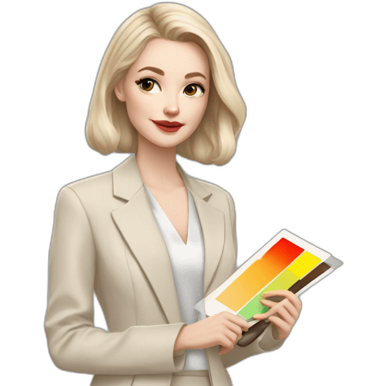 pale skin woman with ash blonde Straightened bob Hair, White Spacious classical jacket, beige palazzo Arrow pants and gray blouse holding a color palette in the hands emoji