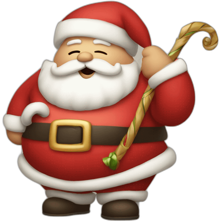 fat santa holding bow, one eye closed emoji