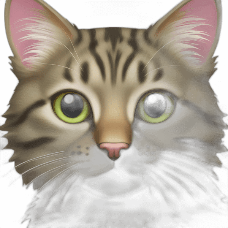 cat Tabby (Mainly black and brown) fluffy cat pink-nose light-green-eyes,-white-long-whiskers,-white-spots-near-the-nose,Sharp with distinct lines,Whiskers Very long emoji