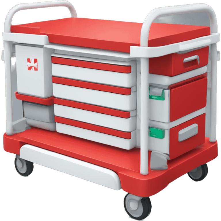 Singular Red medical crash cart is a mobile, multi-drawer unit designed to store and organize emergency medical supplies and equipment and a cardiac defibrillator on top emoji