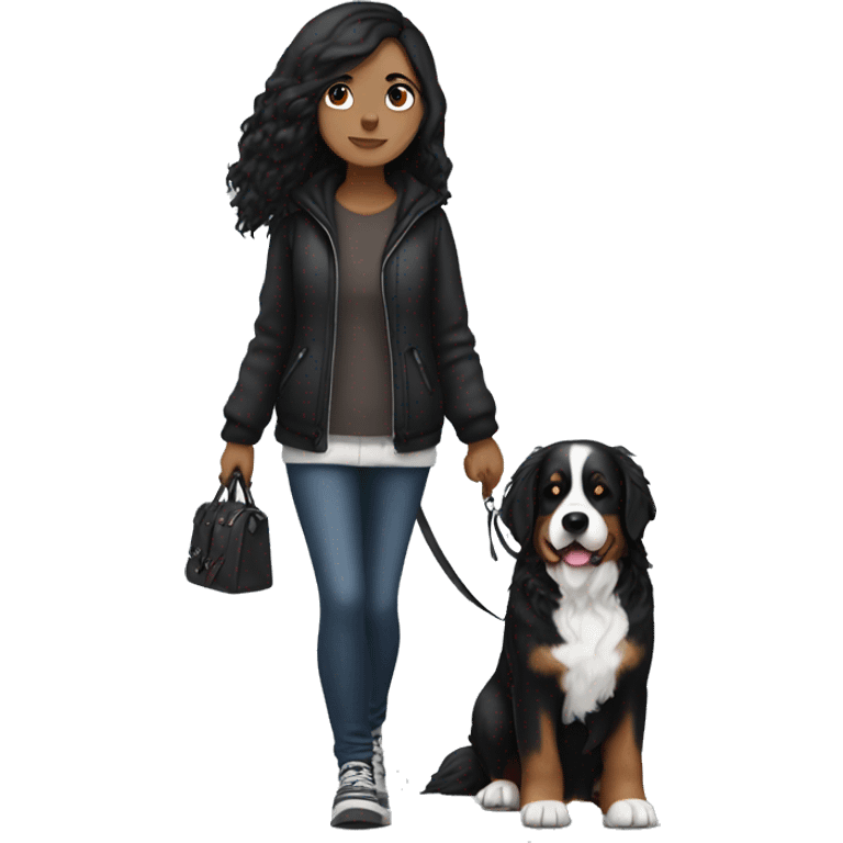 Gothic white girl with black hair walking a bernese mountain dog  emoji